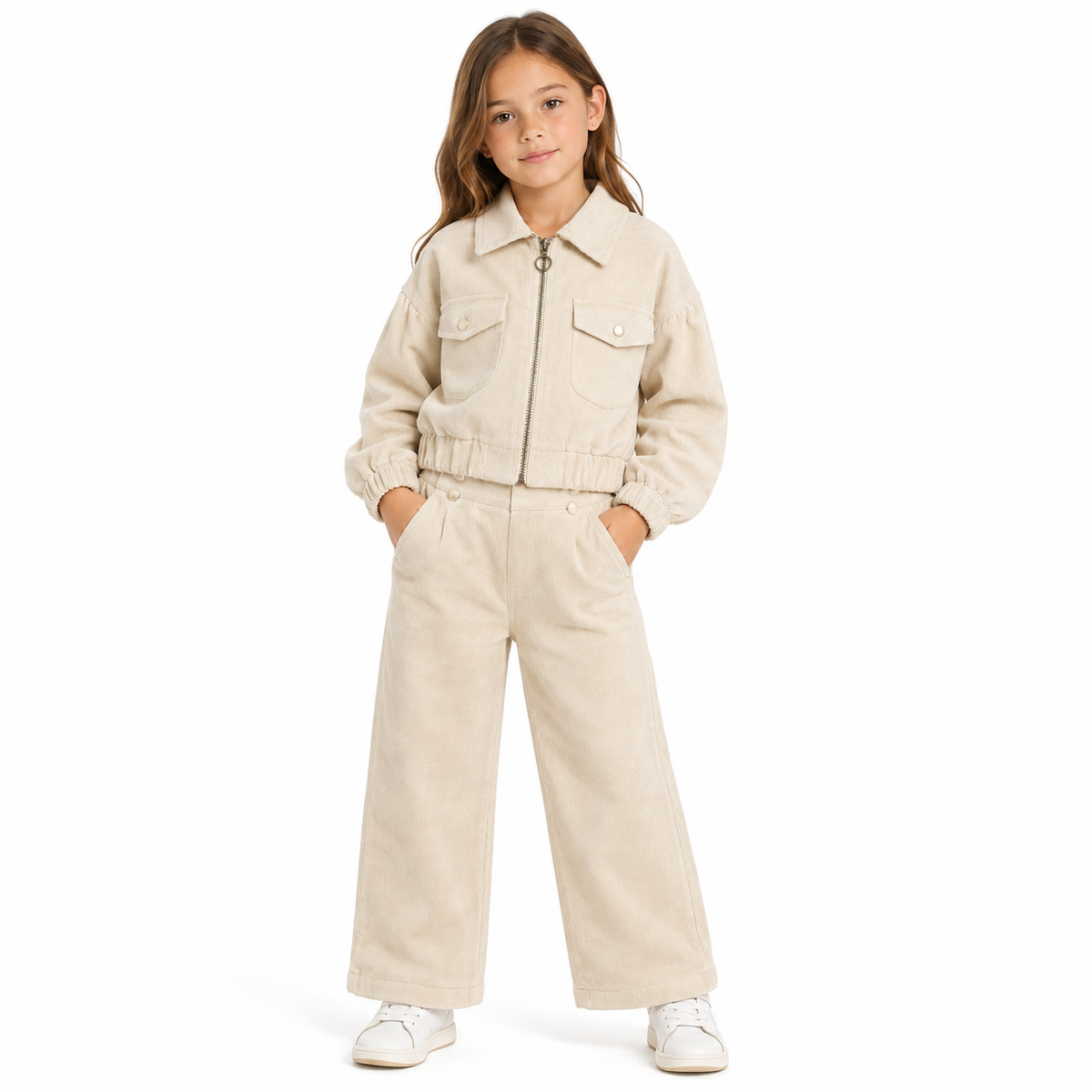 Girls Beige Corduroy Jacket & Wide Leg Pants Set