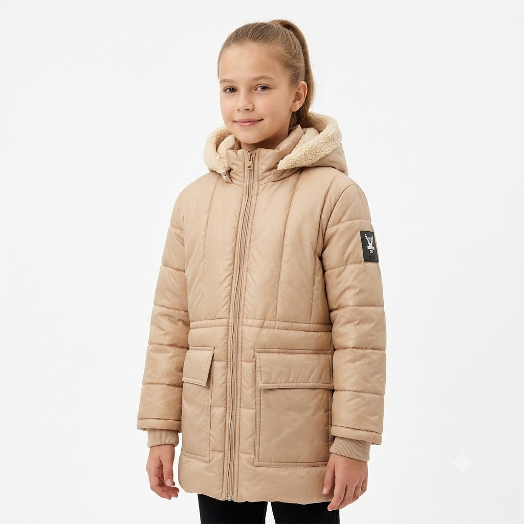 Beige Longline Hooded Puffer Coat