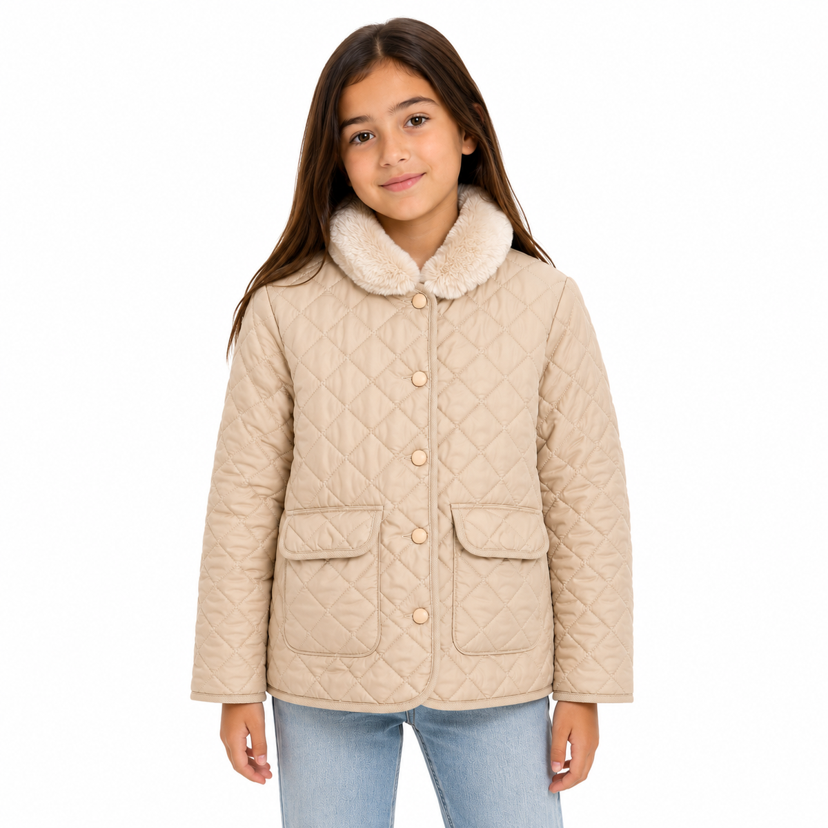 Beige Quilted Jacket with Faux-Fur Collar