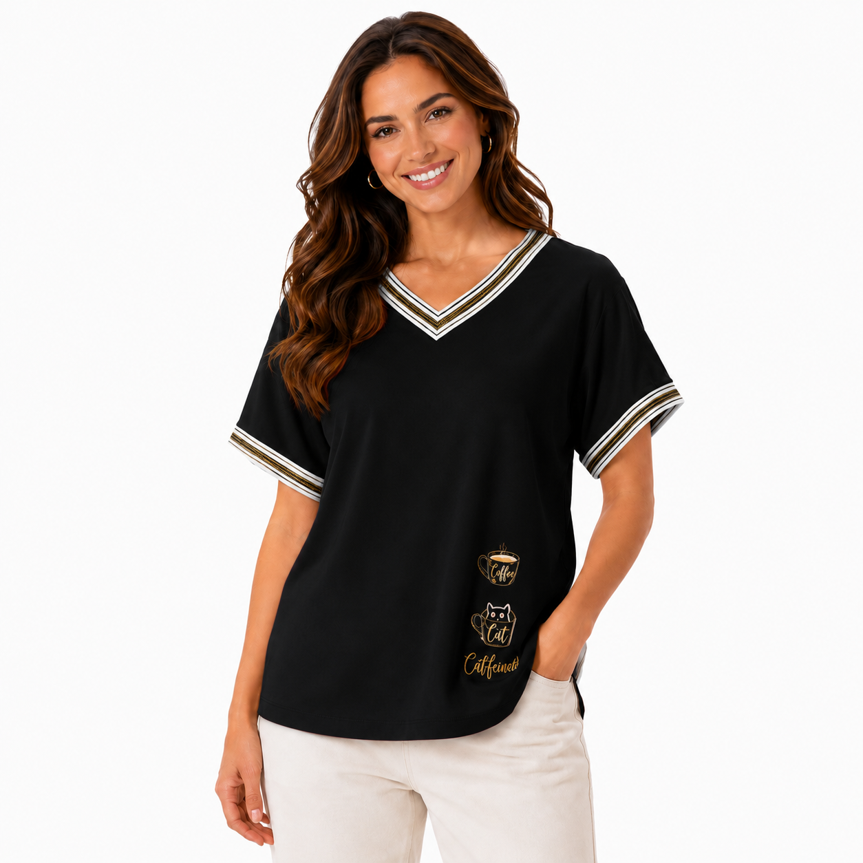 Women's  V-Neck Graphic T-Shirt – Coffee, Cat & Caffeine Print