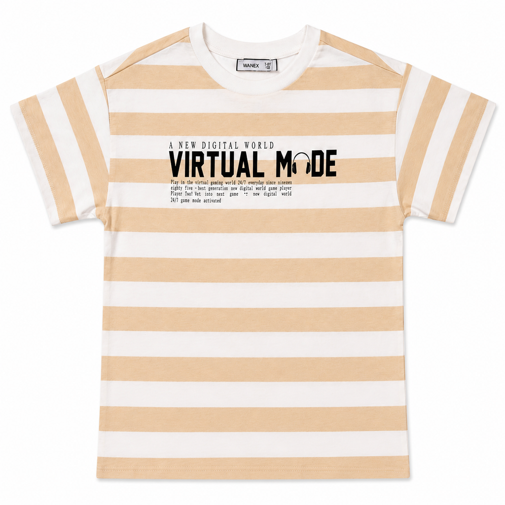 Boys Beige & White Striped Graphic T-Shirt