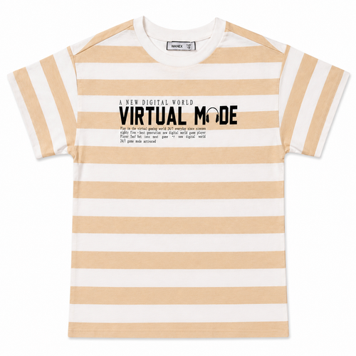 Boys Beige & White Striped Graphic T-Shirt