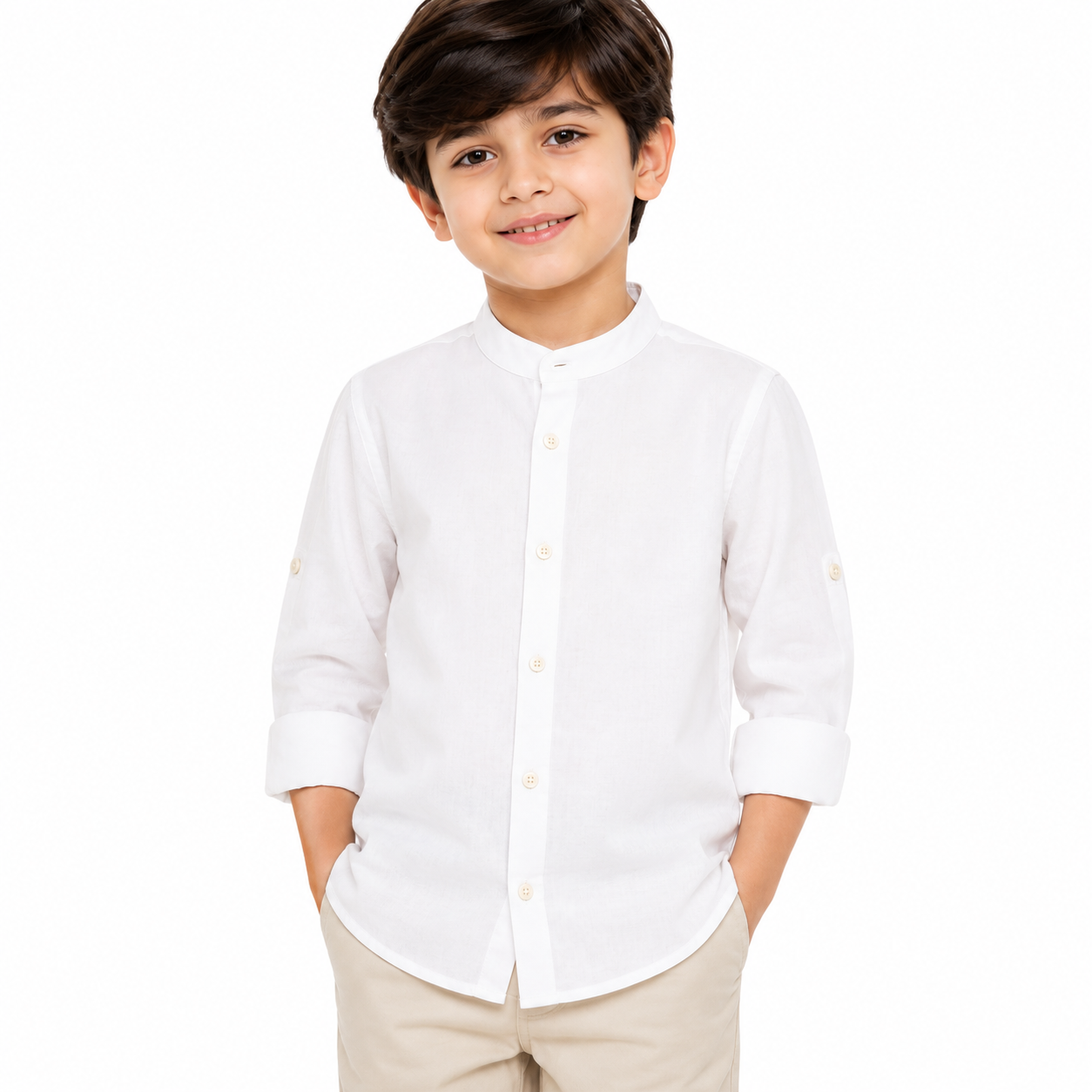 Boys White Mandarin Collar Linen Shirt