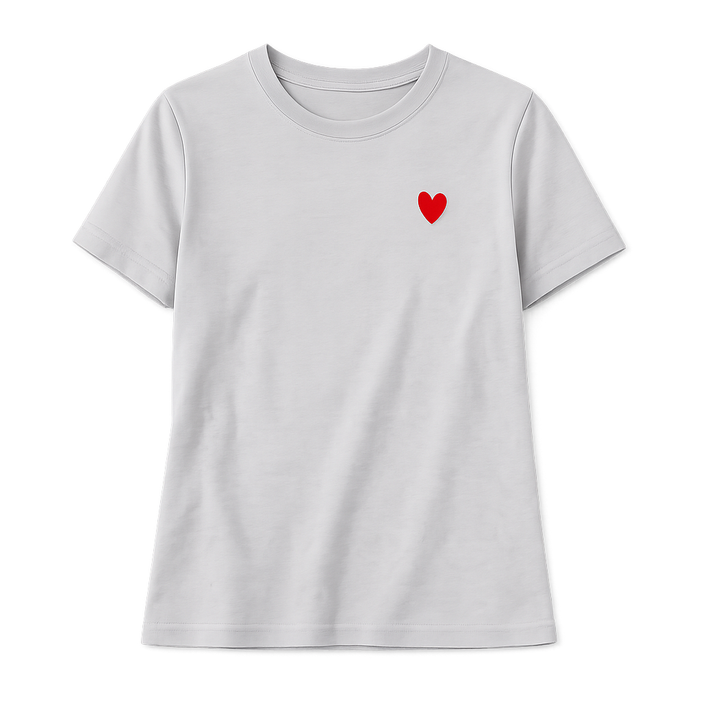Women's White T-Shirt with Red Heart Embroidery