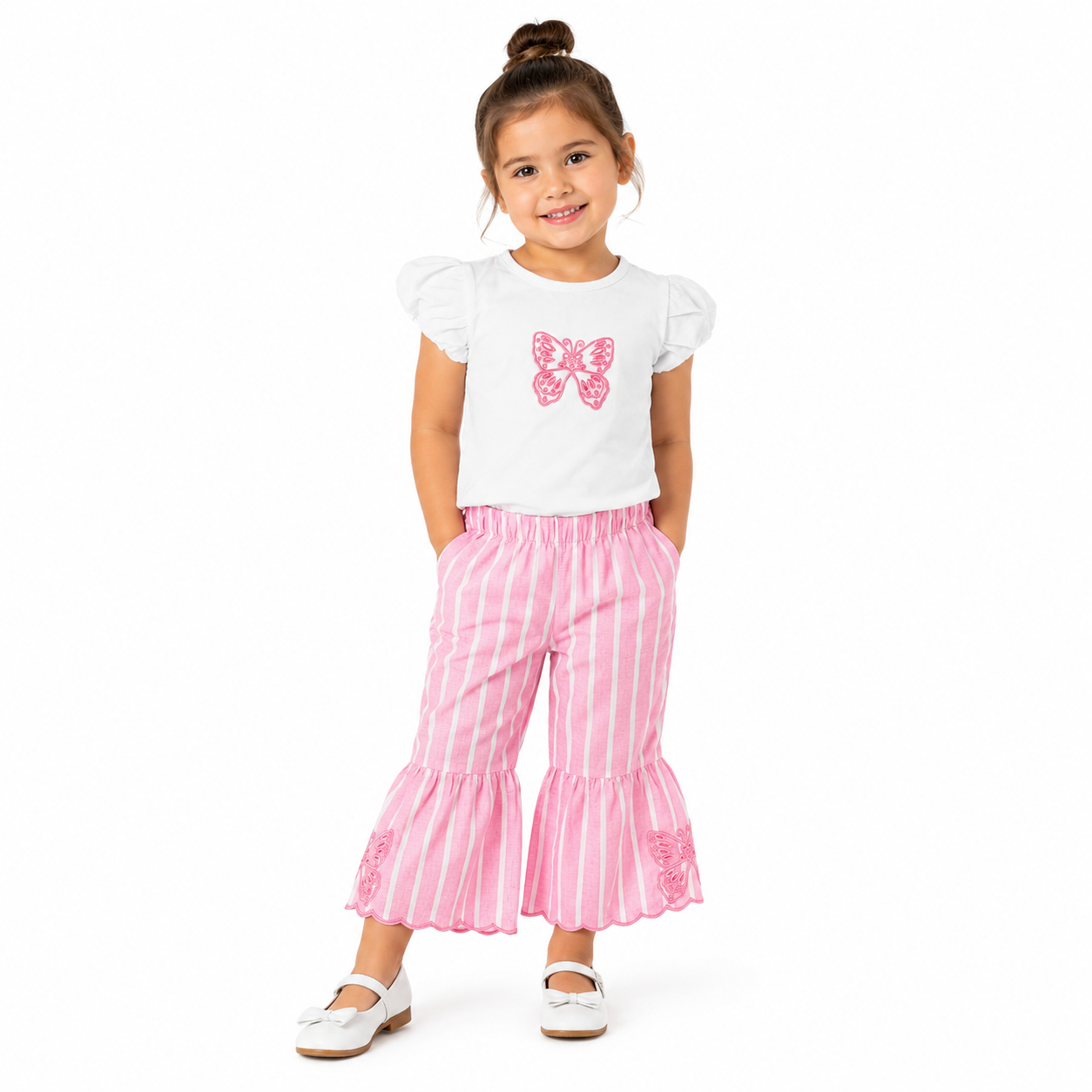 Butterfly Dream Girls Flare Pants Set – White Tee & Pink Stripe Pants