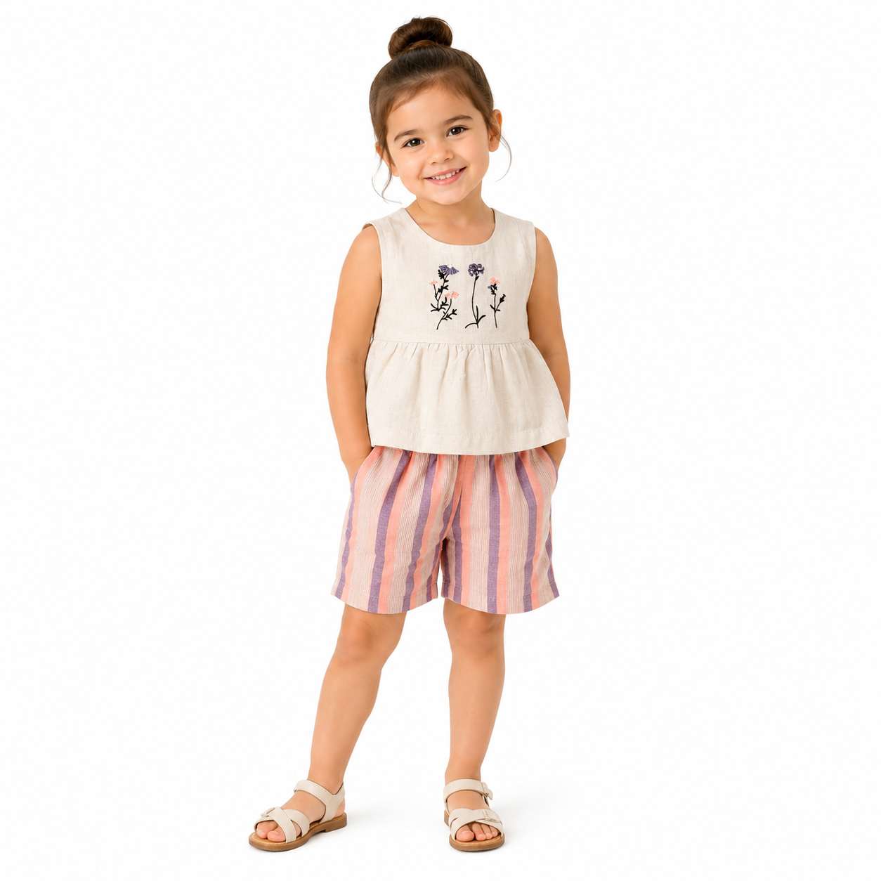Girls Embroidered Floral Top & Striped Shorts Set