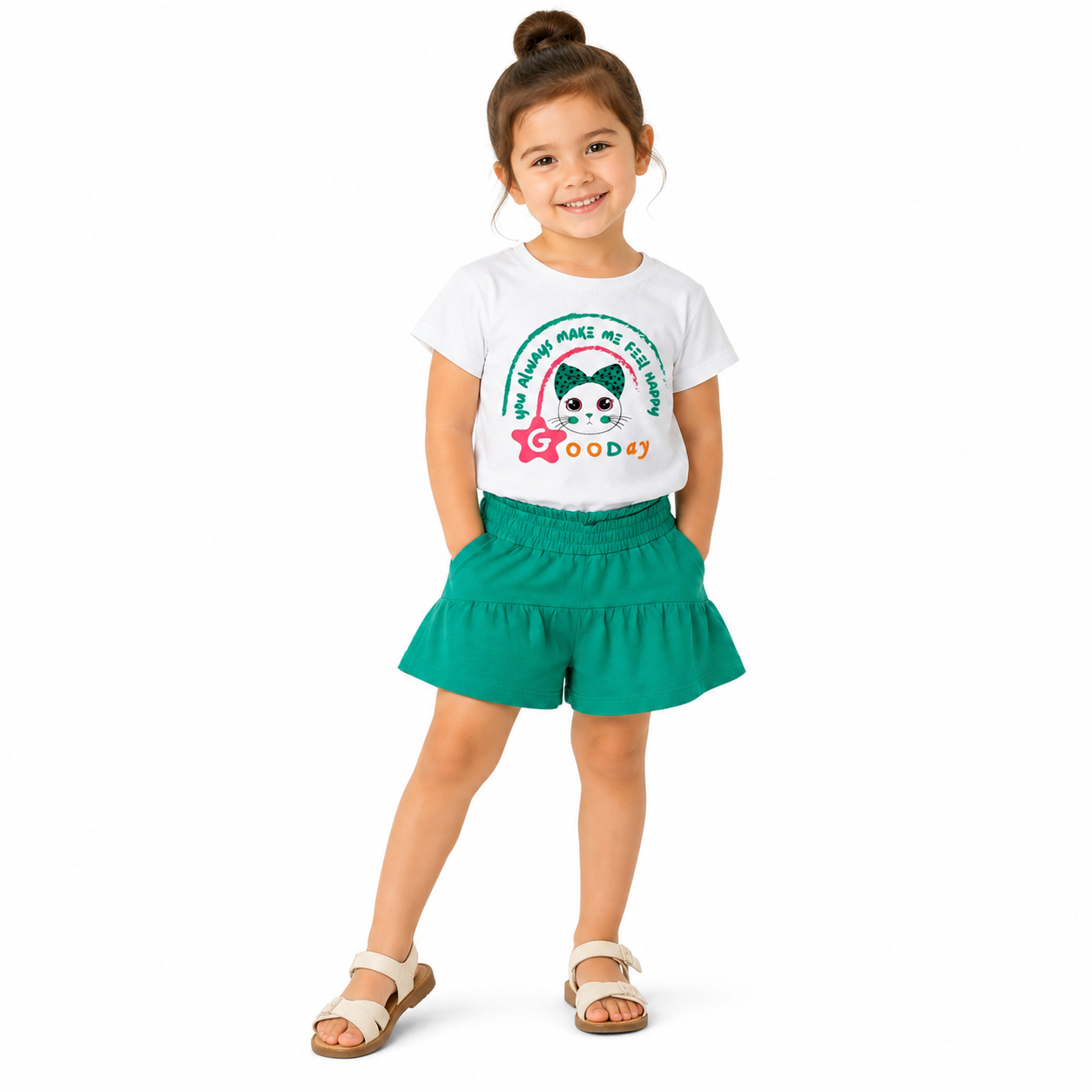 Girls Good Day Cat Print T-Shirt & Shorts Set