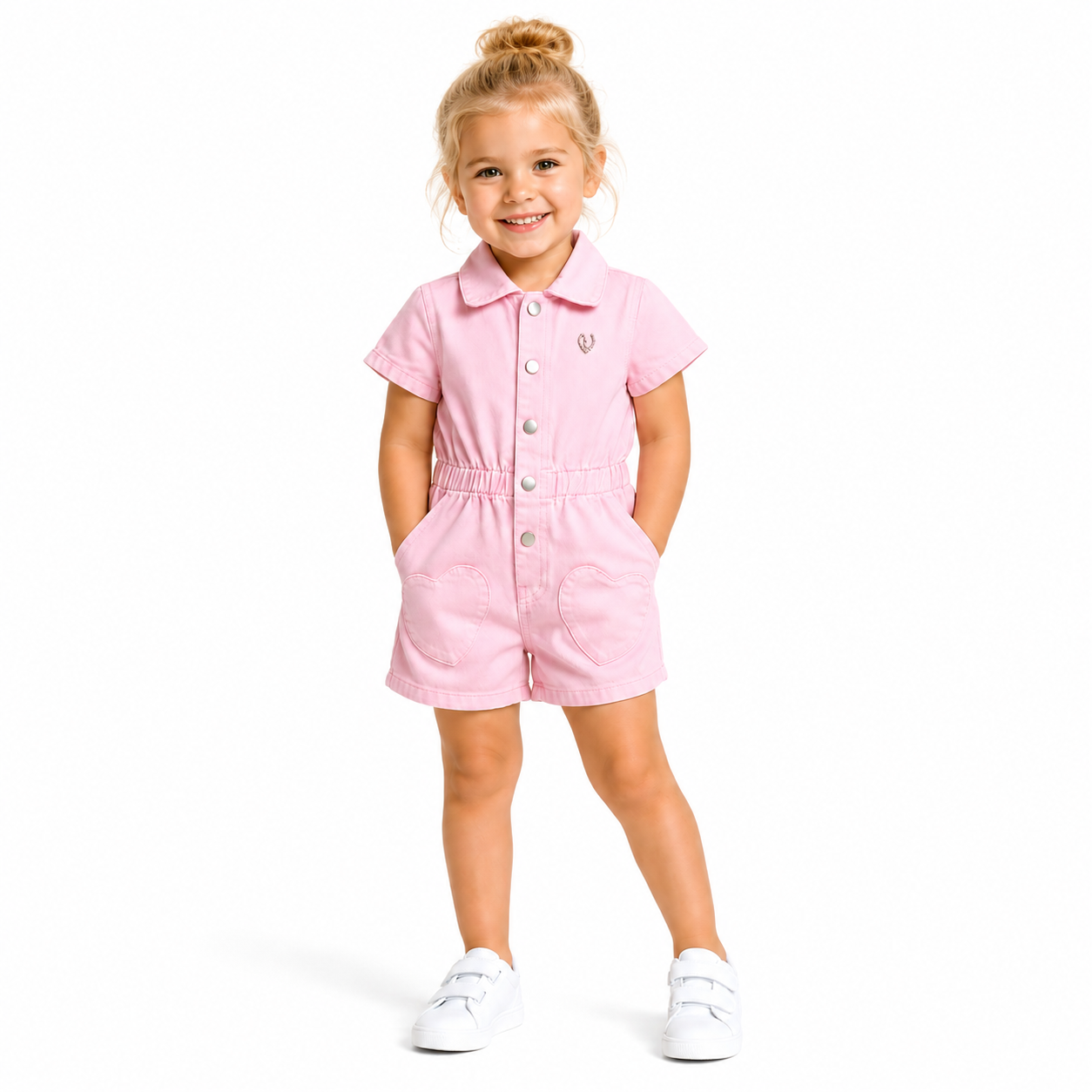 Pink Denim Heart Pocket Romper