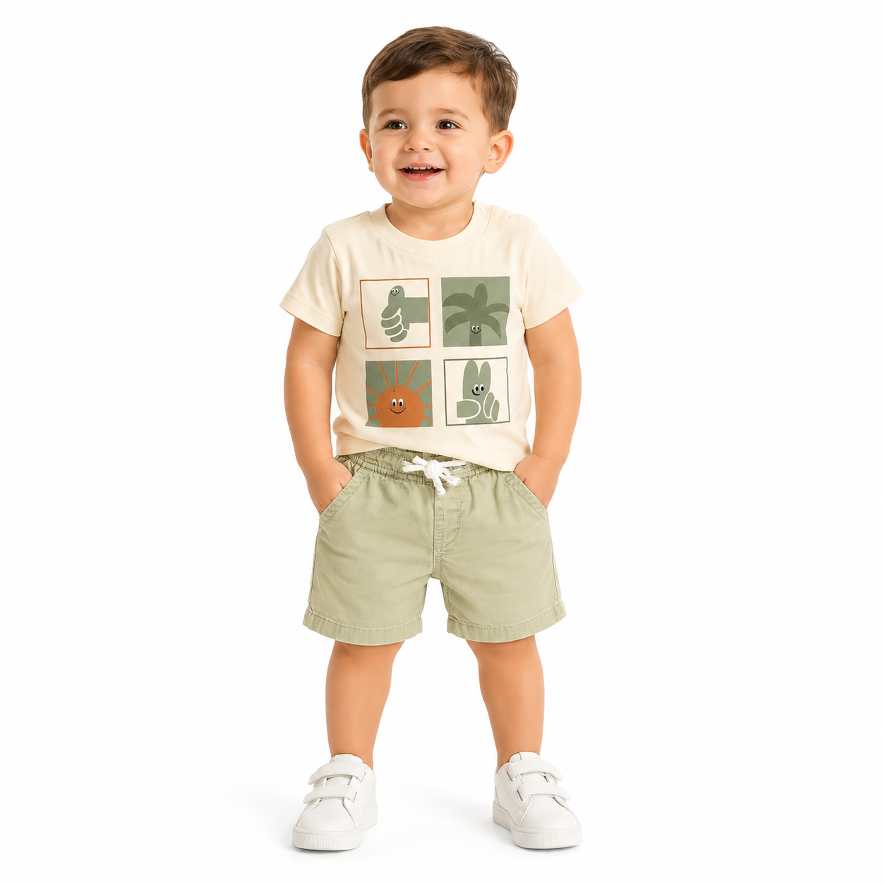 Four-Grid Graphic Tee & Twill Short Set