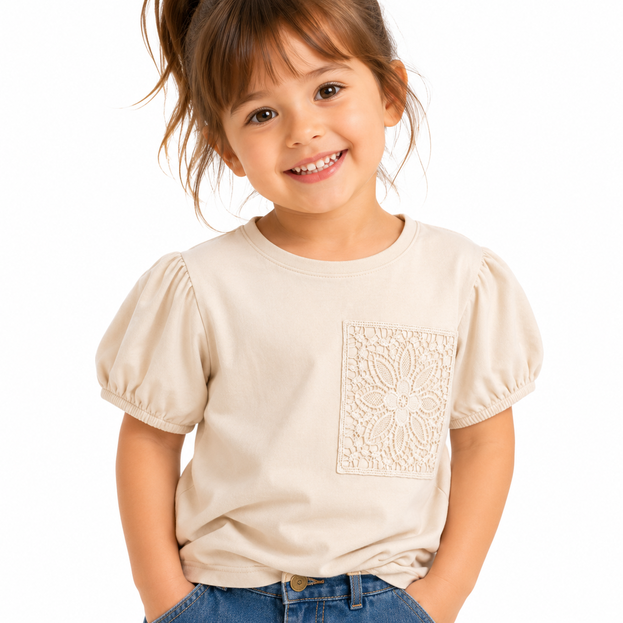 Lace Pocket Puff Sleeve Tee
