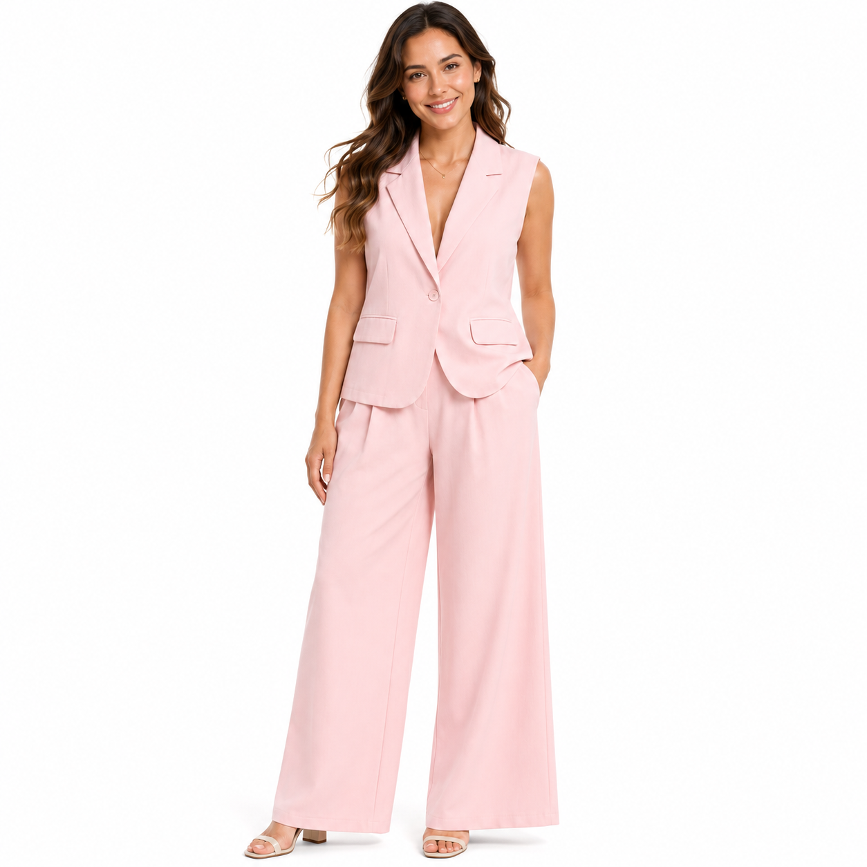 Women's Sleeveless Blazer and Wide-Leg Trousers Set