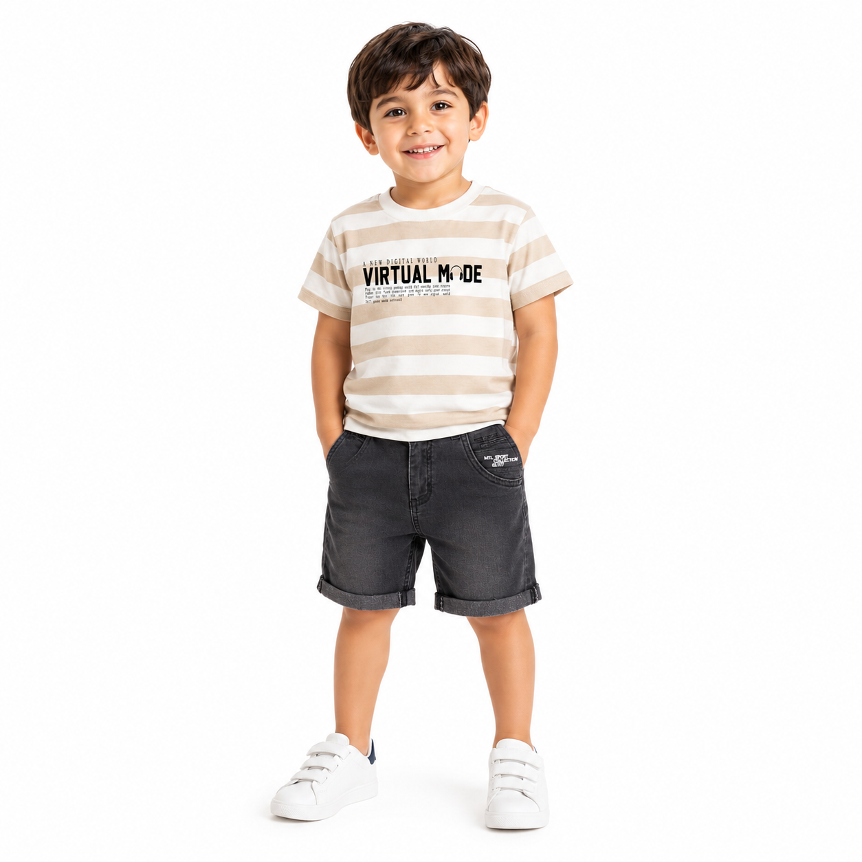Boys Beige & White Striped Graphic T-Shirt