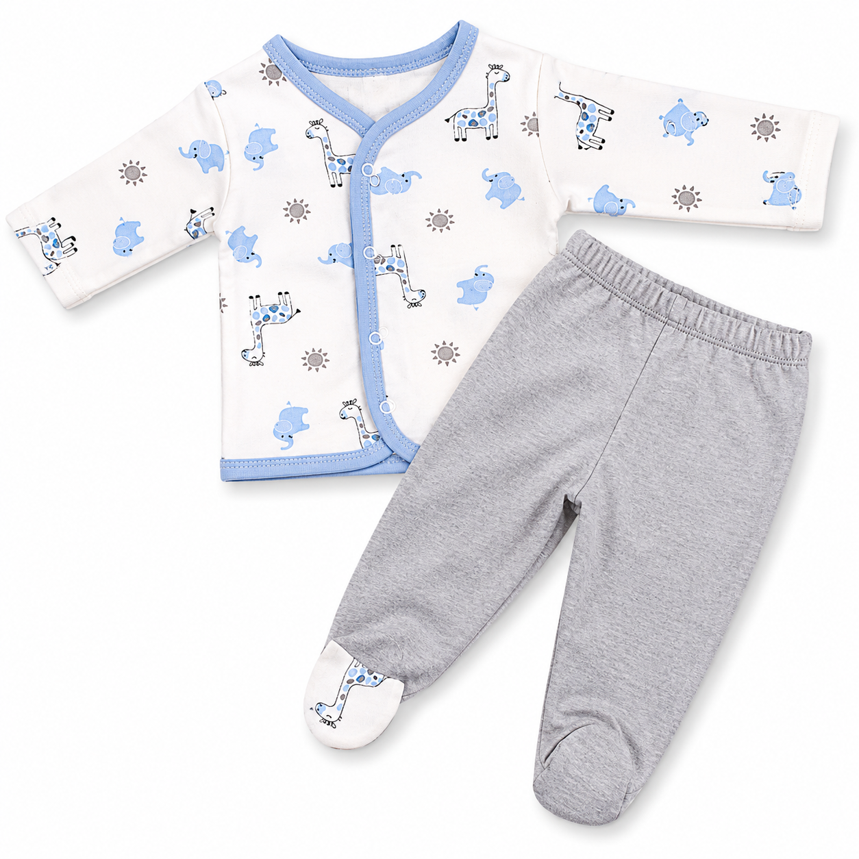 Baby Safari Print Cotton Newborn Set – Blue & Grey