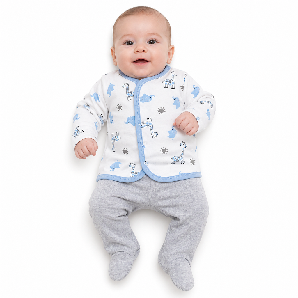 Baby Safari Print Cotton Newborn Set – Blue & Grey