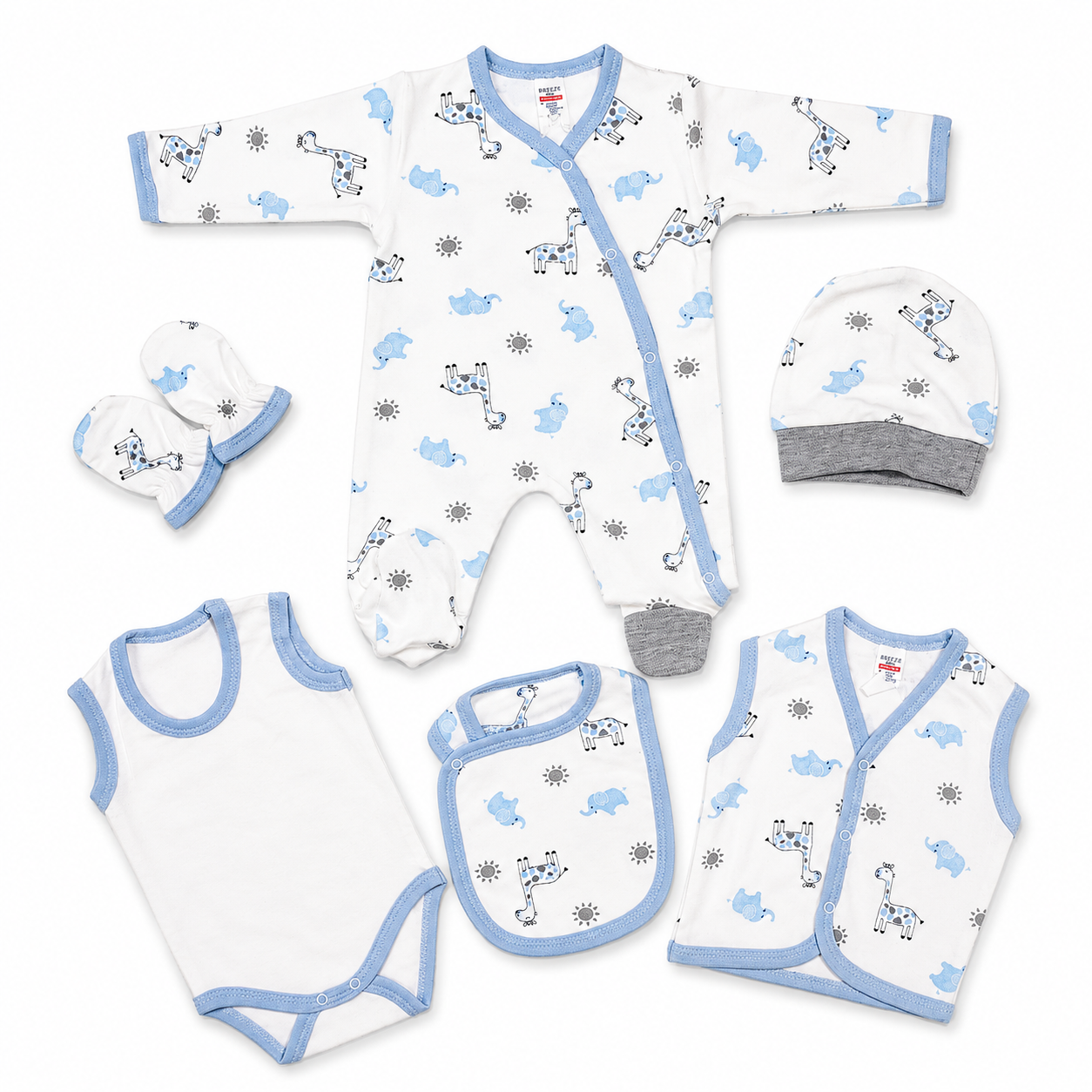 7-Piece Safari Friends Newborn Gift Set – Blue & White
