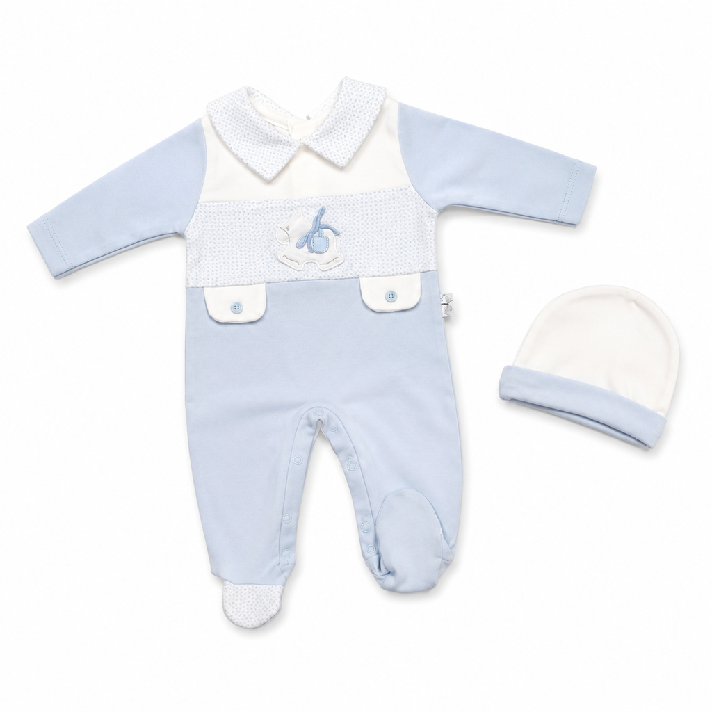 Baby Blue Rocking Horse Footed Sleepsuit & Hat Set