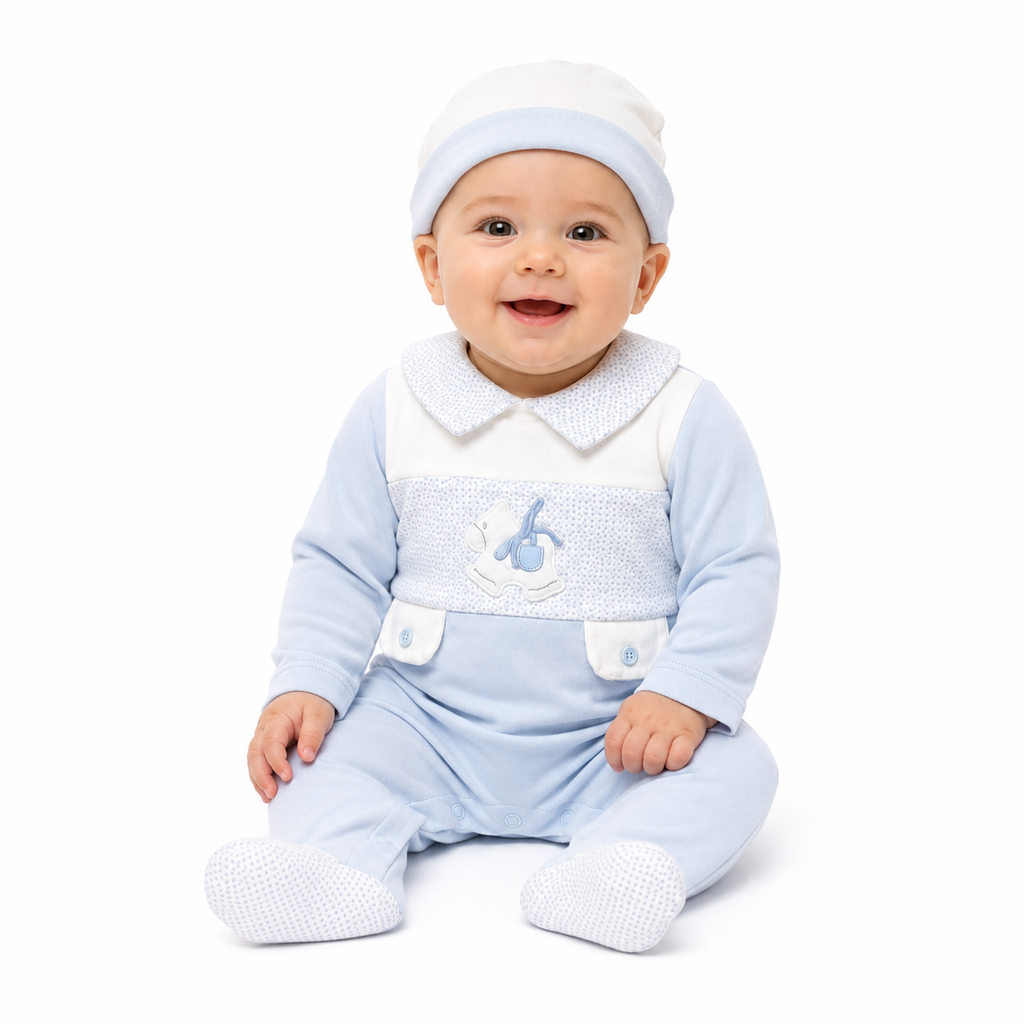 Baby Blue Rocking Horse Footed Sleepsuit & Hat Set