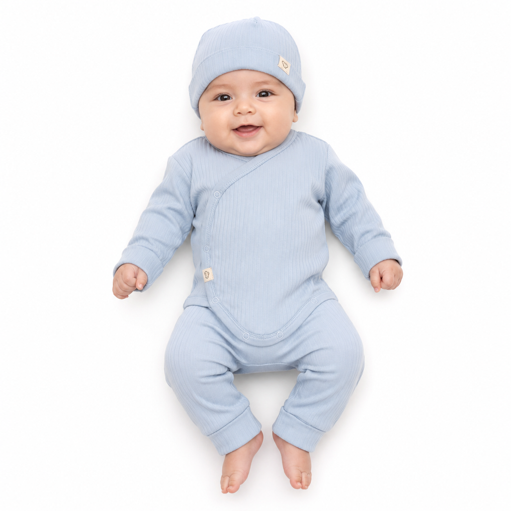 Baby Blue Ribbed Cotton 3-Piece Newborn Set