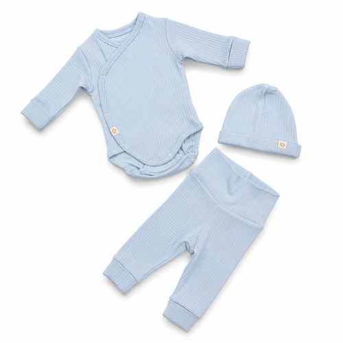 Baby Blue Ribbed Cotton 3-Piece Newborn Set