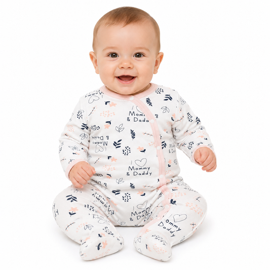 Mommy & Daddy Print Footed Baby Sleepsuit – Pink