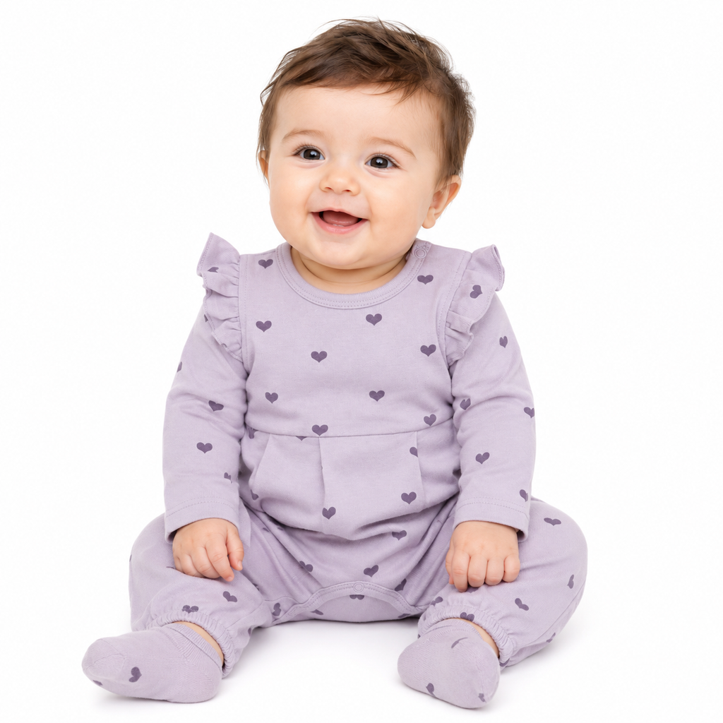 Baby Heart Print Ruffle Romper – Lilac