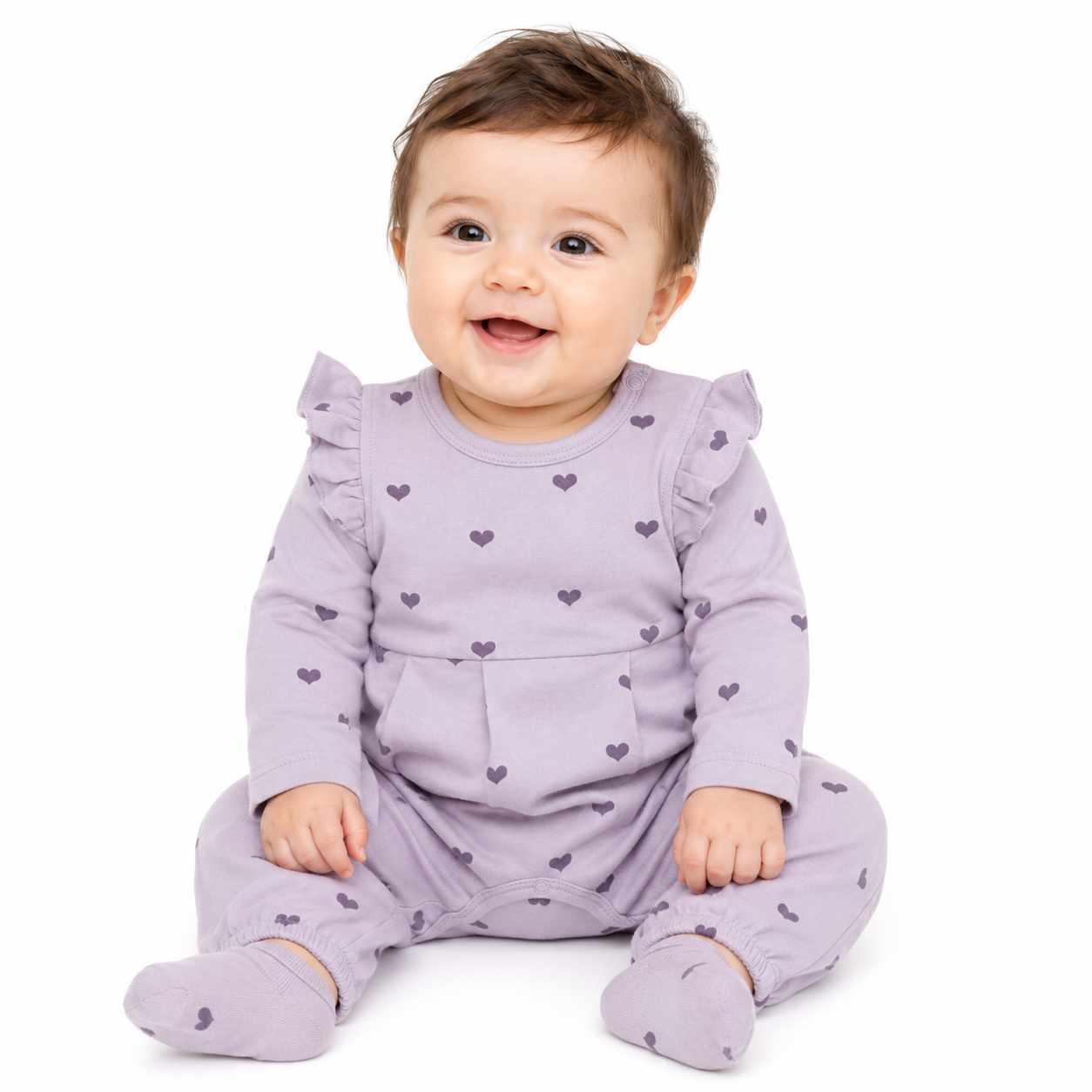 Baby Heart Print Ruffle Romper – Lilac