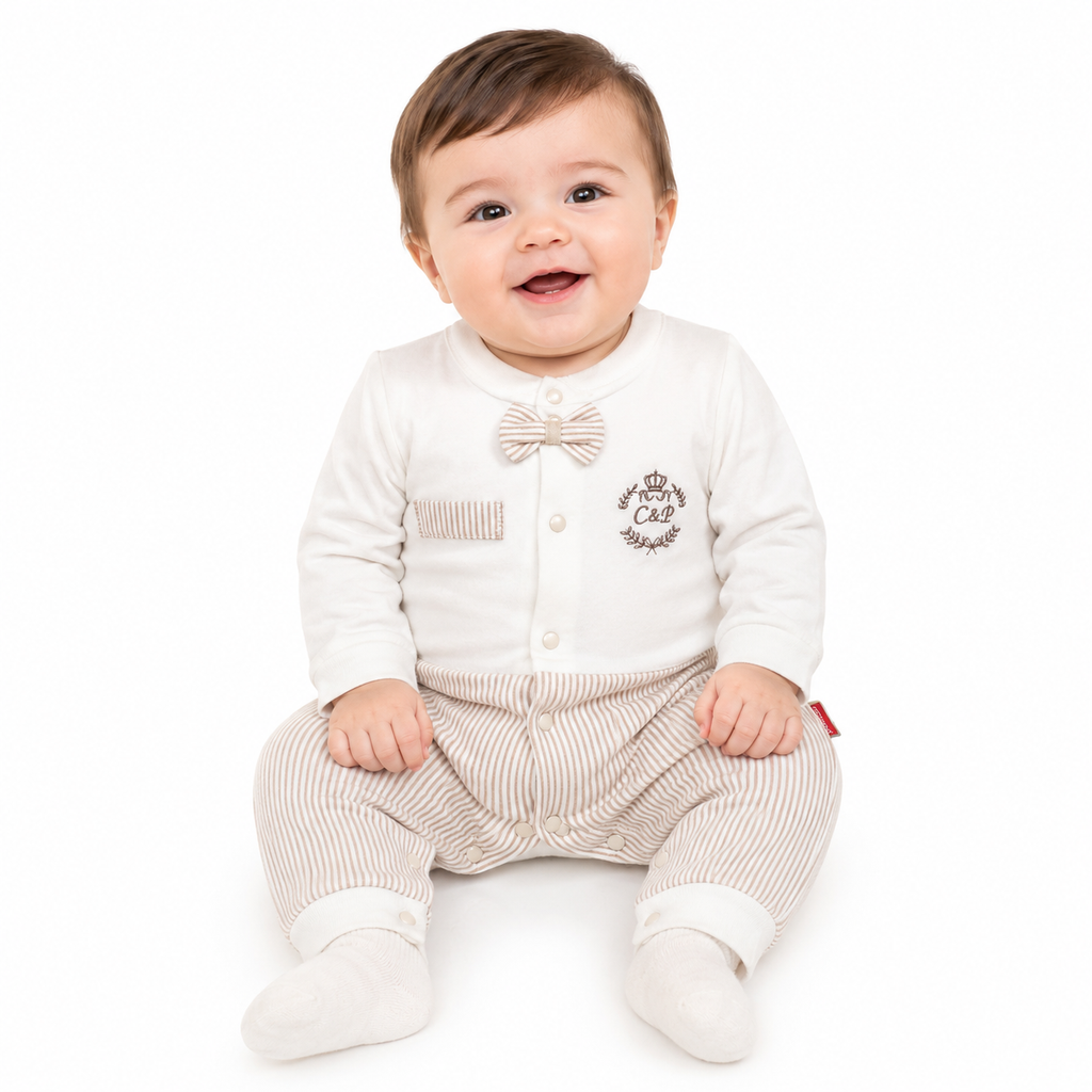 Baby Gentleman Striped Bow Tie Romper – Cream & Beige