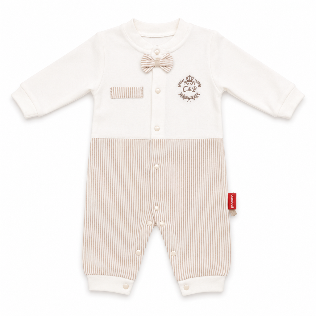 Baby Gentleman Striped Bow Tie Romper – Cream & Beige
