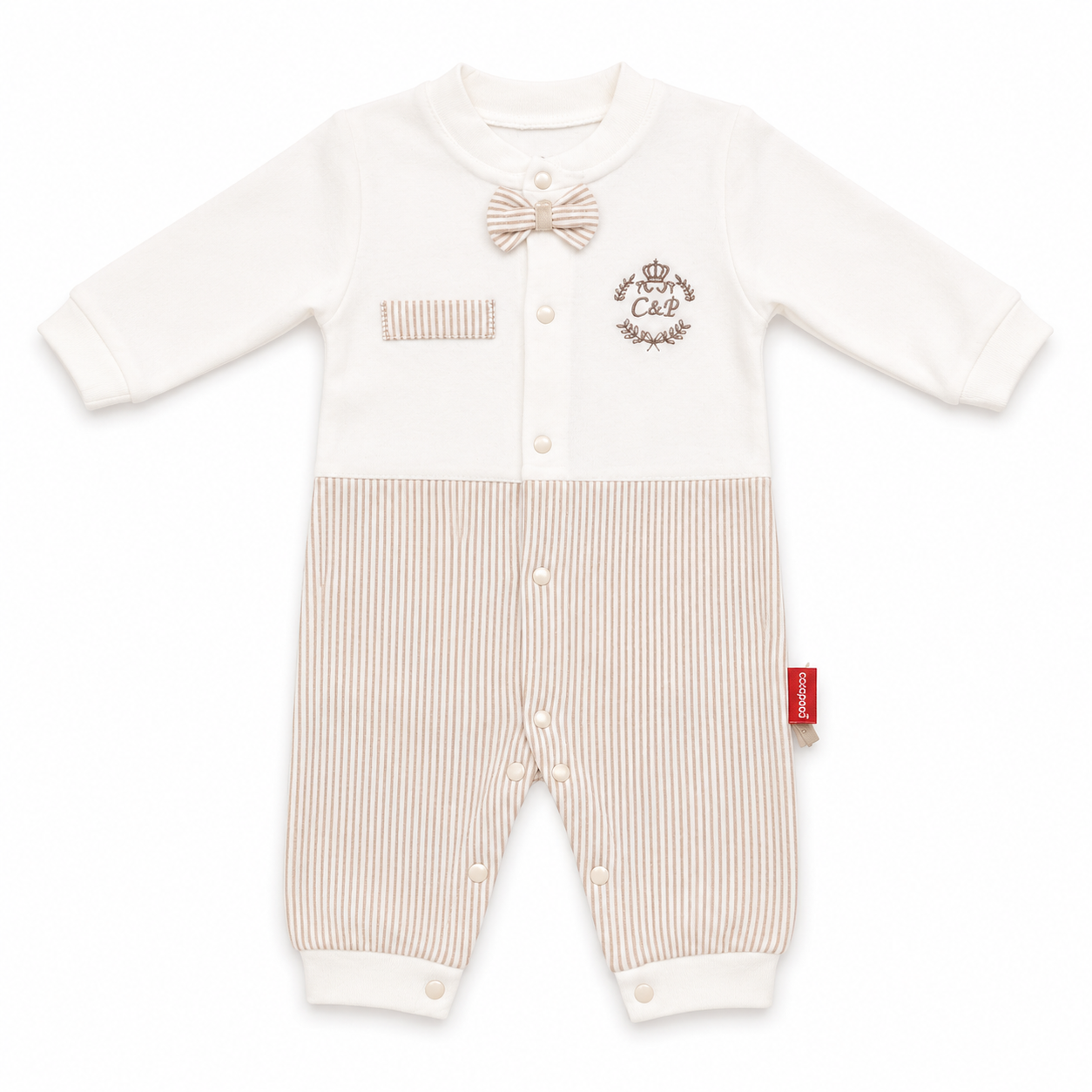 Baby Gentleman Striped Bow Tie Romper – Cream & Beige