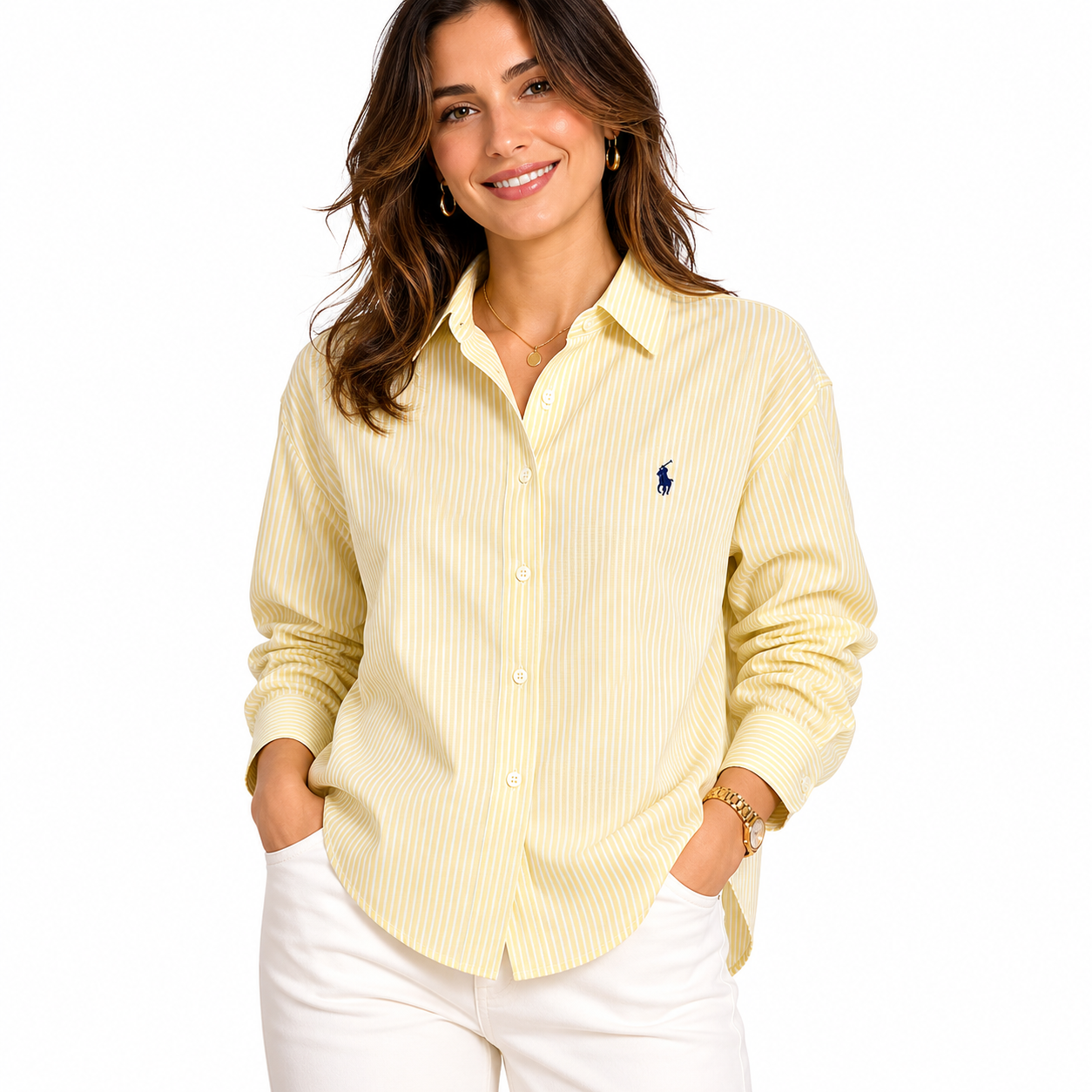Women's Pastel Yellow Striped Button-Down Shirt