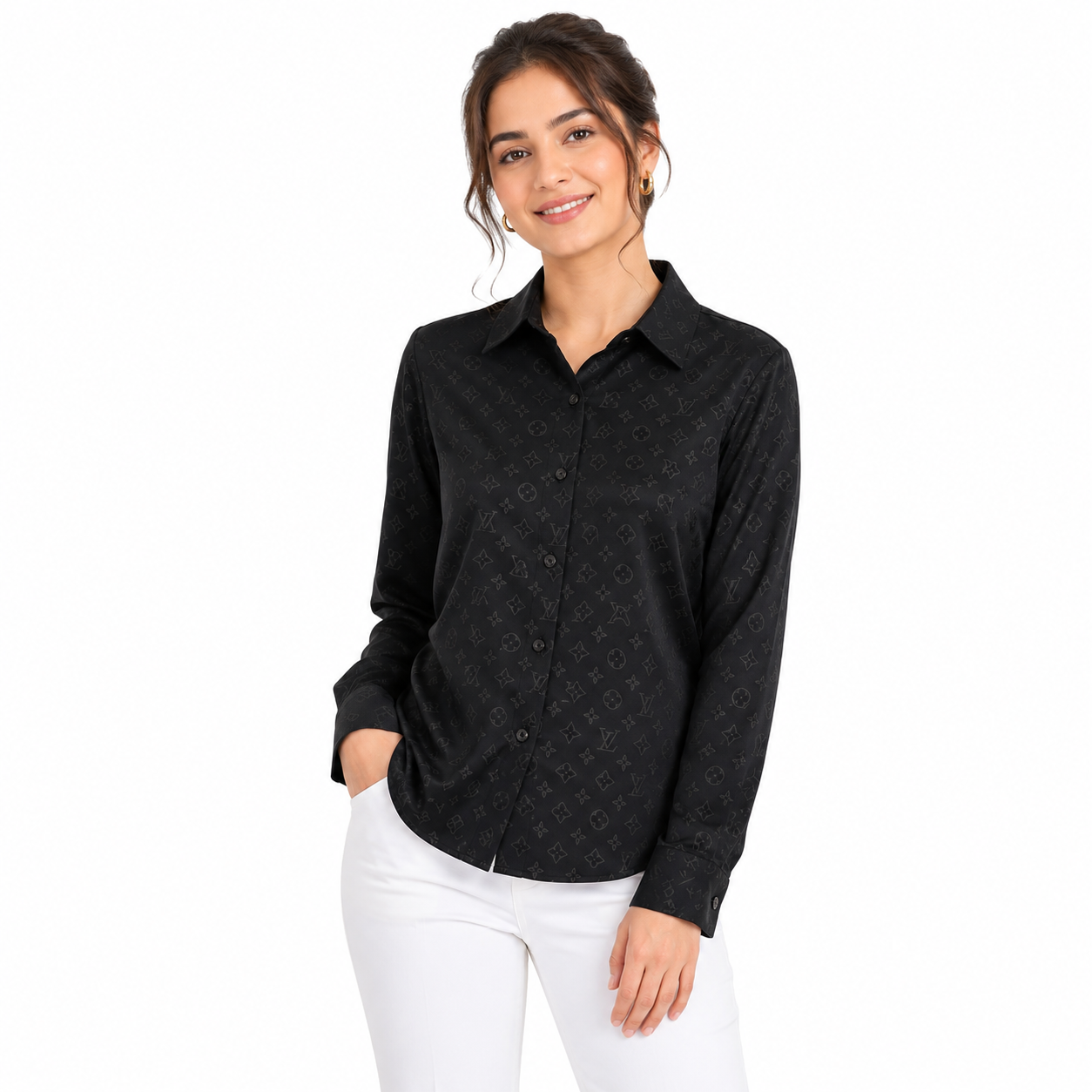 Women's Louis Vuitton Satin Monogram Button-Up Shirt – Black