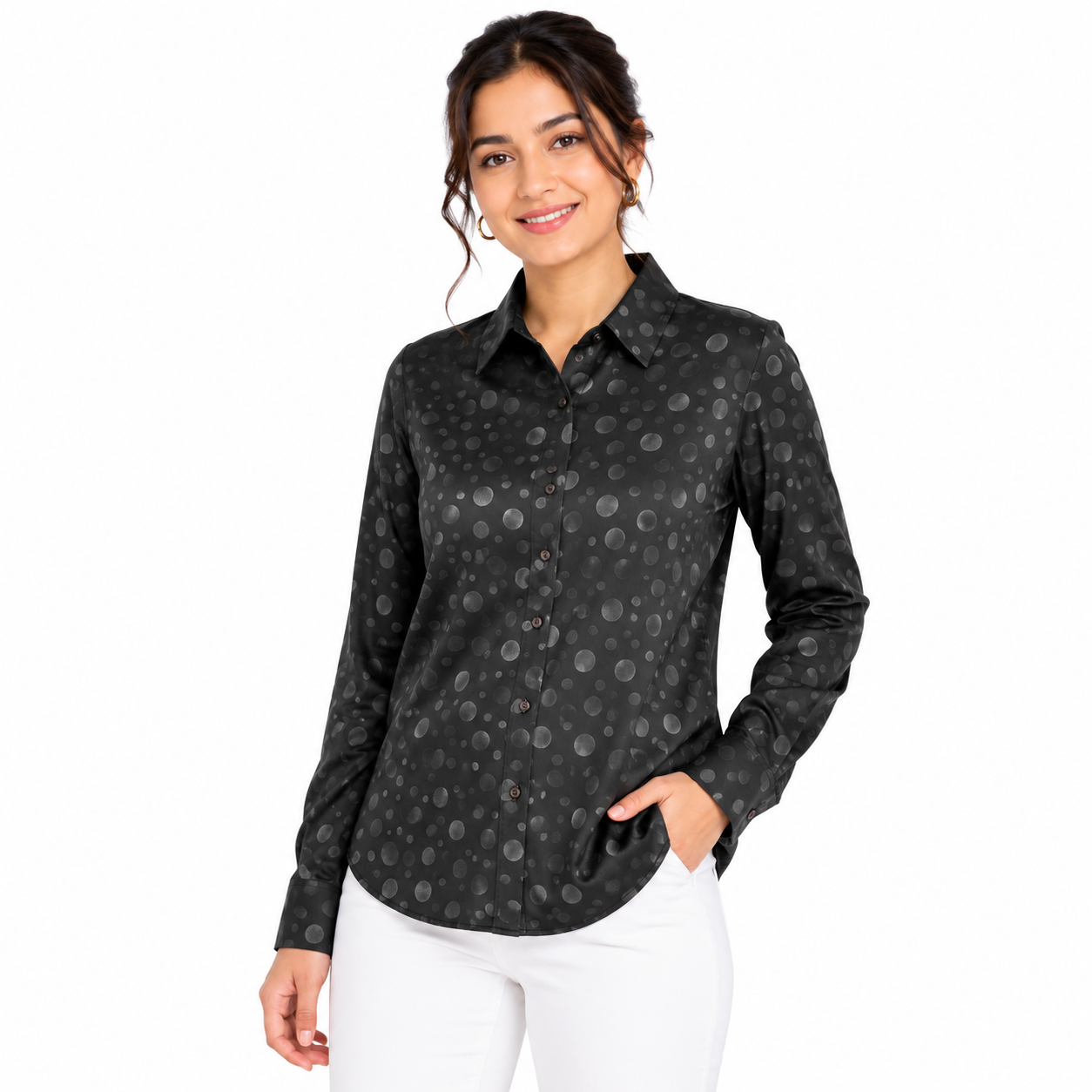 Women's Satin Polka Dot Button-Up Shirt – Black