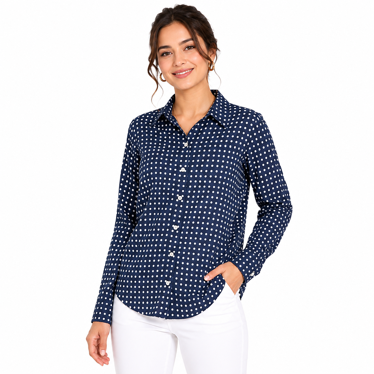 Women's Satin Polka Dot Button-Up Shirt