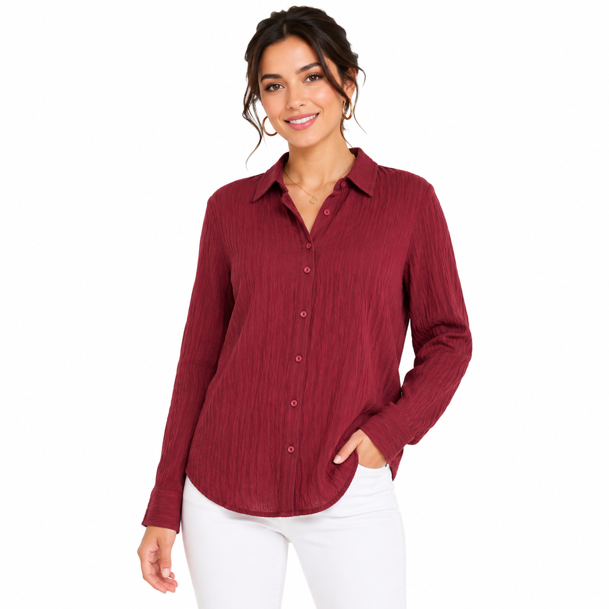 Textured Light Grey Button-Down Blouse
