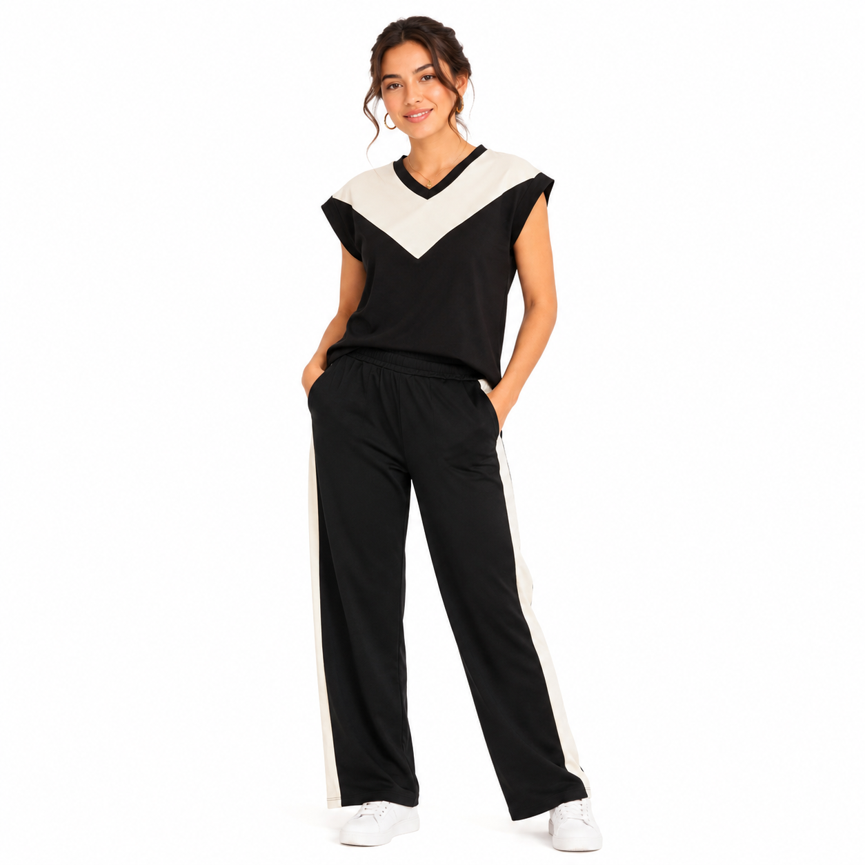 Black & Cream Color Block Lounge Set for Women