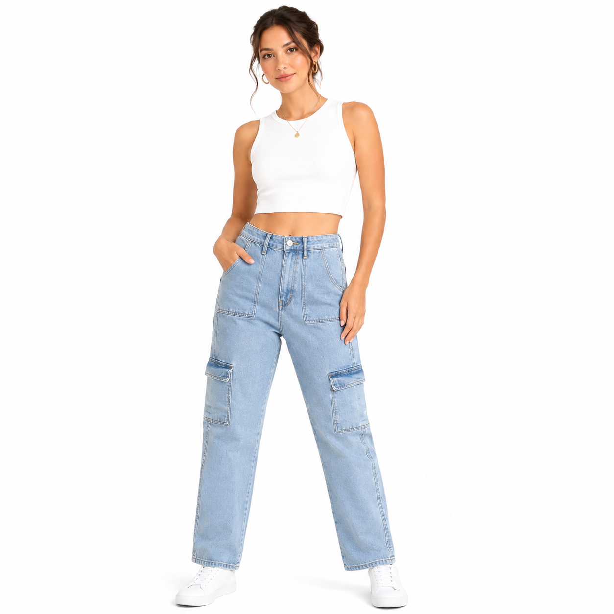 Women's High-Waist Light Wash Cargo Jeans