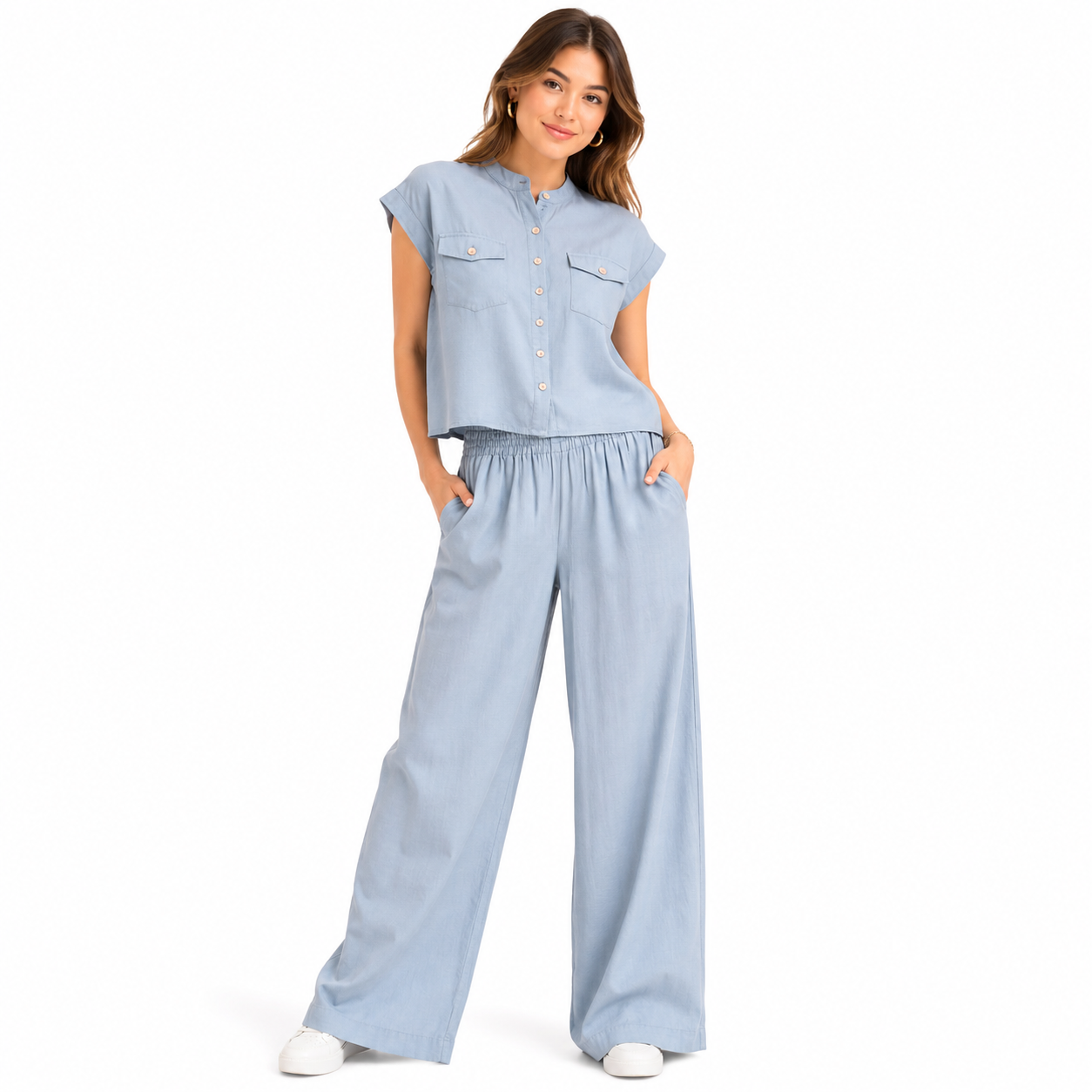 Women's Light Blue Relaxed Two-Piece Co-Ord Set