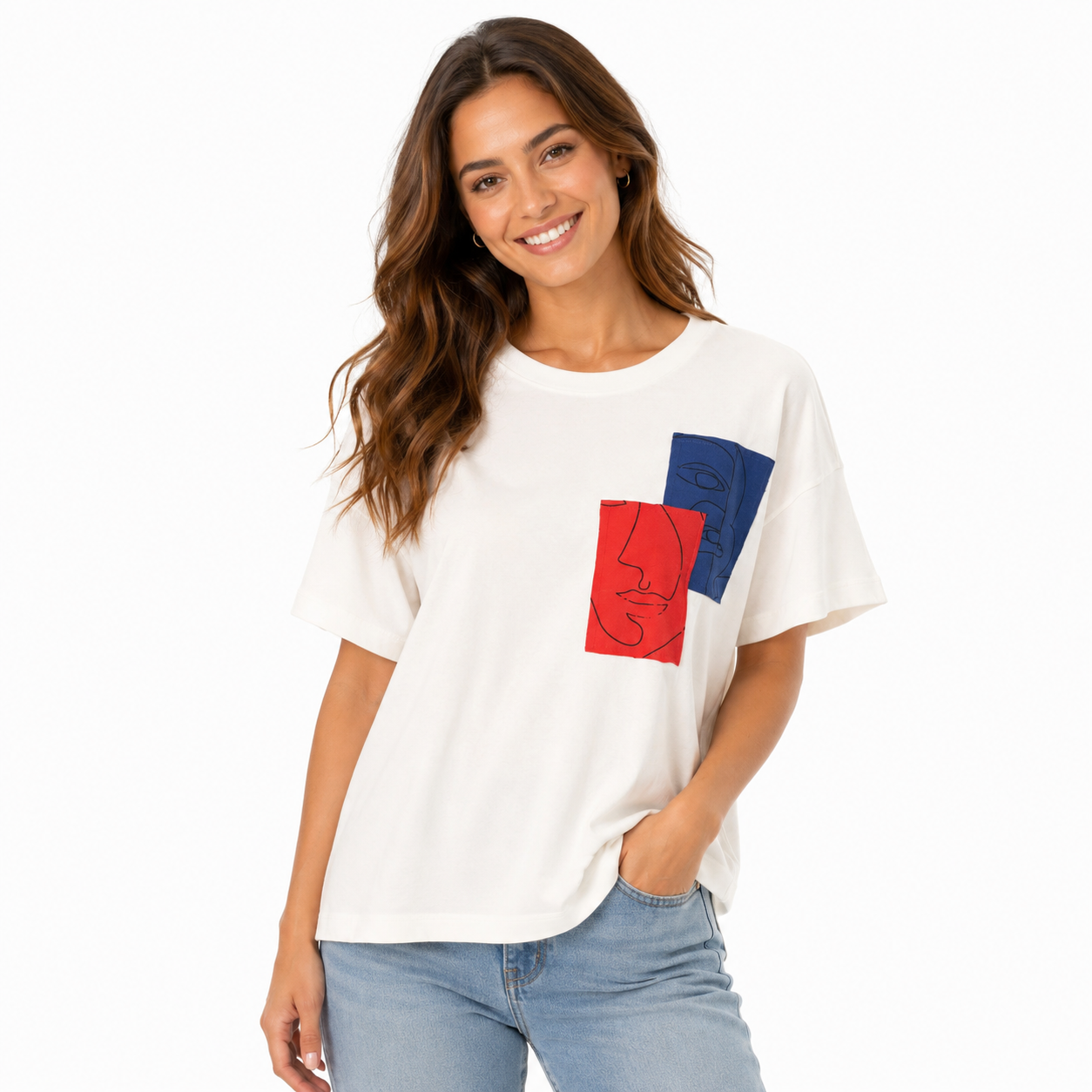 Women's Abstract Face Print Oversized T-Shirt – Off White