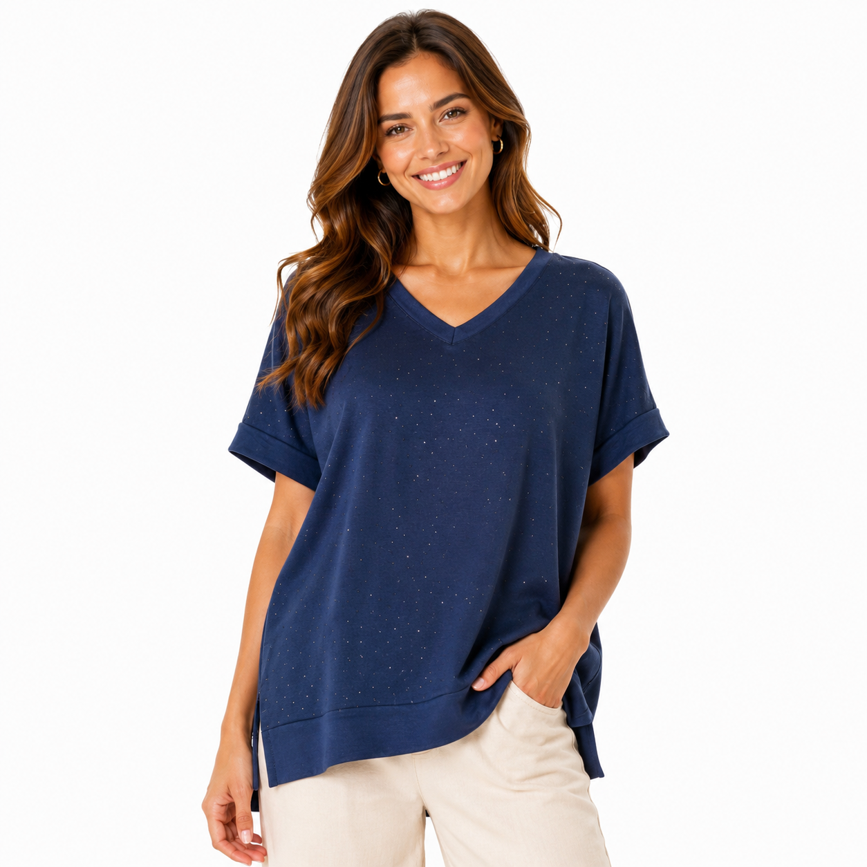 Women's Navy Sparkle V-Neck Relaxed Top
