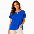 Women's Royal Blue Henley Blouse with Mesh Sleeve Detail
