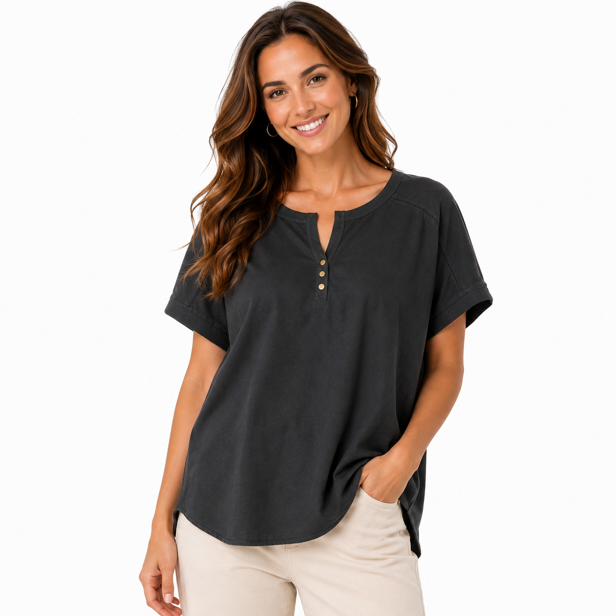 Women's Relaxed Henley Short Sleeve Blouse