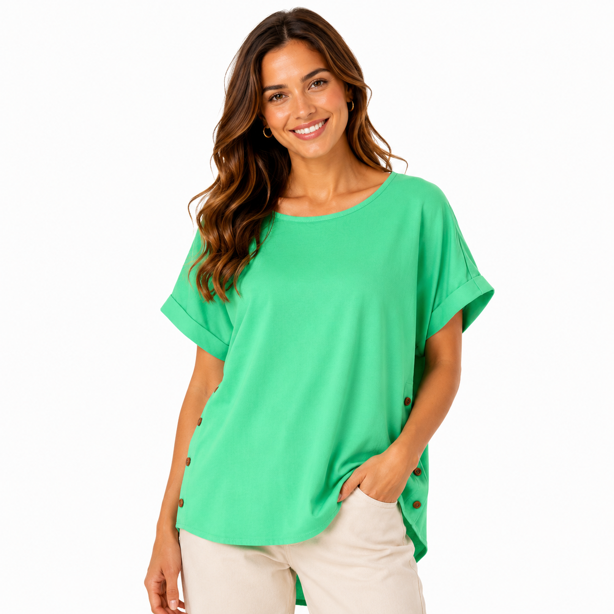 Sky Blue Relaxed Fit Side-Button Blouse for Women