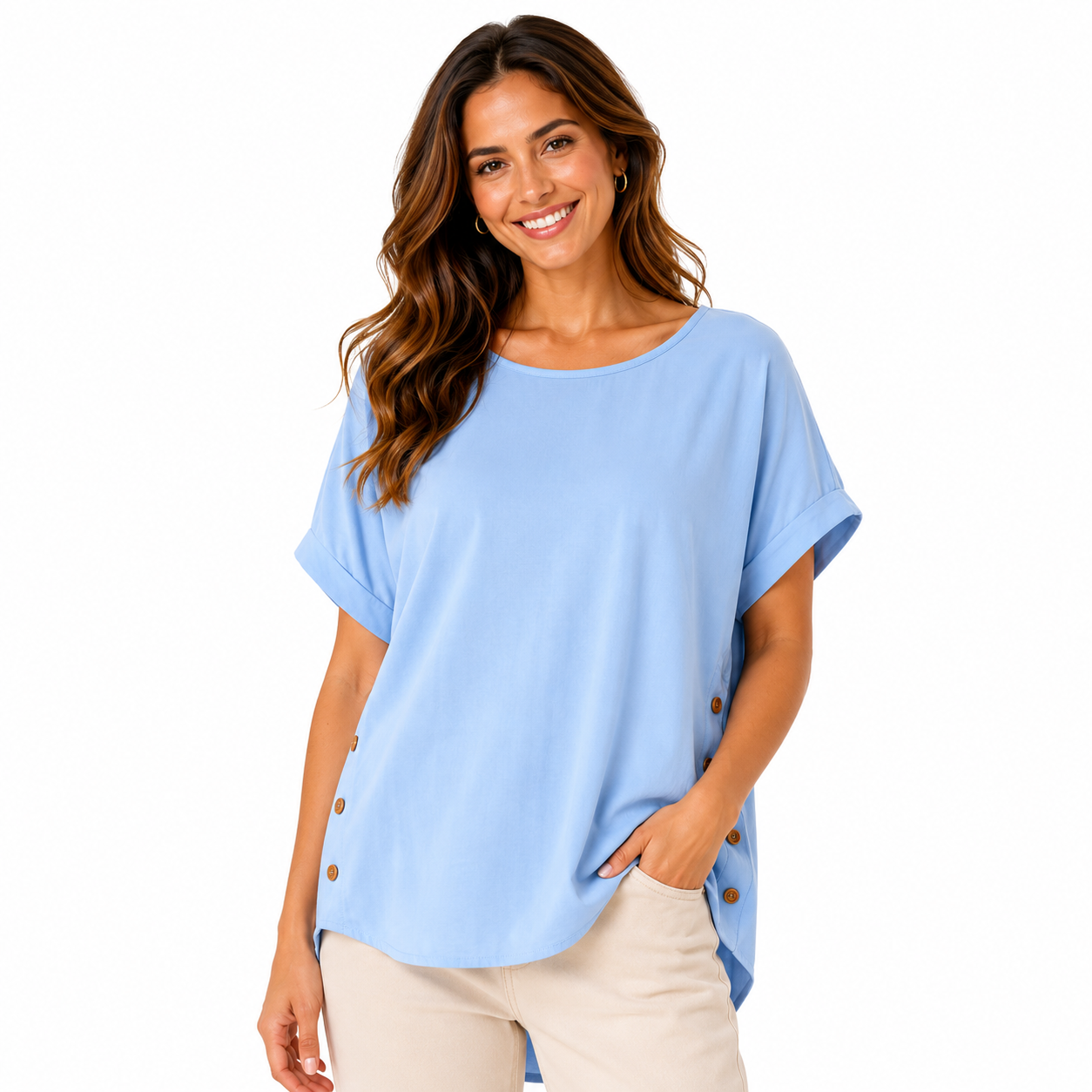 Sky Blue Relaxed Fit Side-Button Blouse for Women