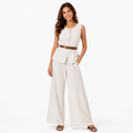Women's Linen Blend Belted Blazer & Wide-Leg Pants Set – Beige