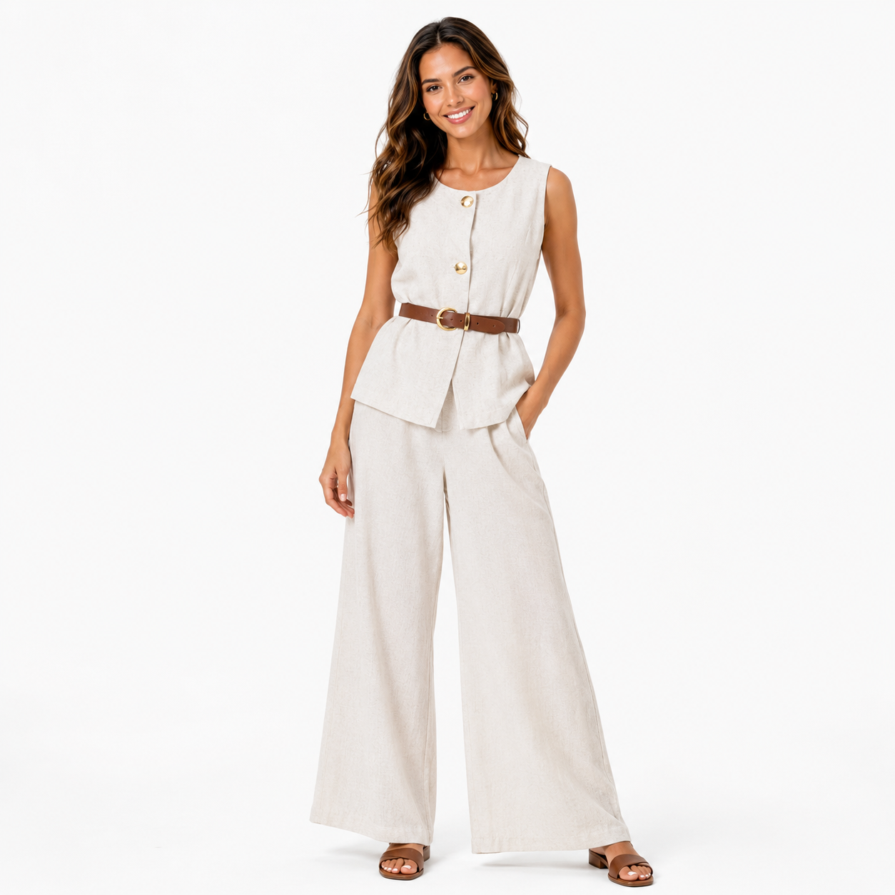 Women's Linen Blend Belted Blazer & Wide-Leg Pants Set – Beige