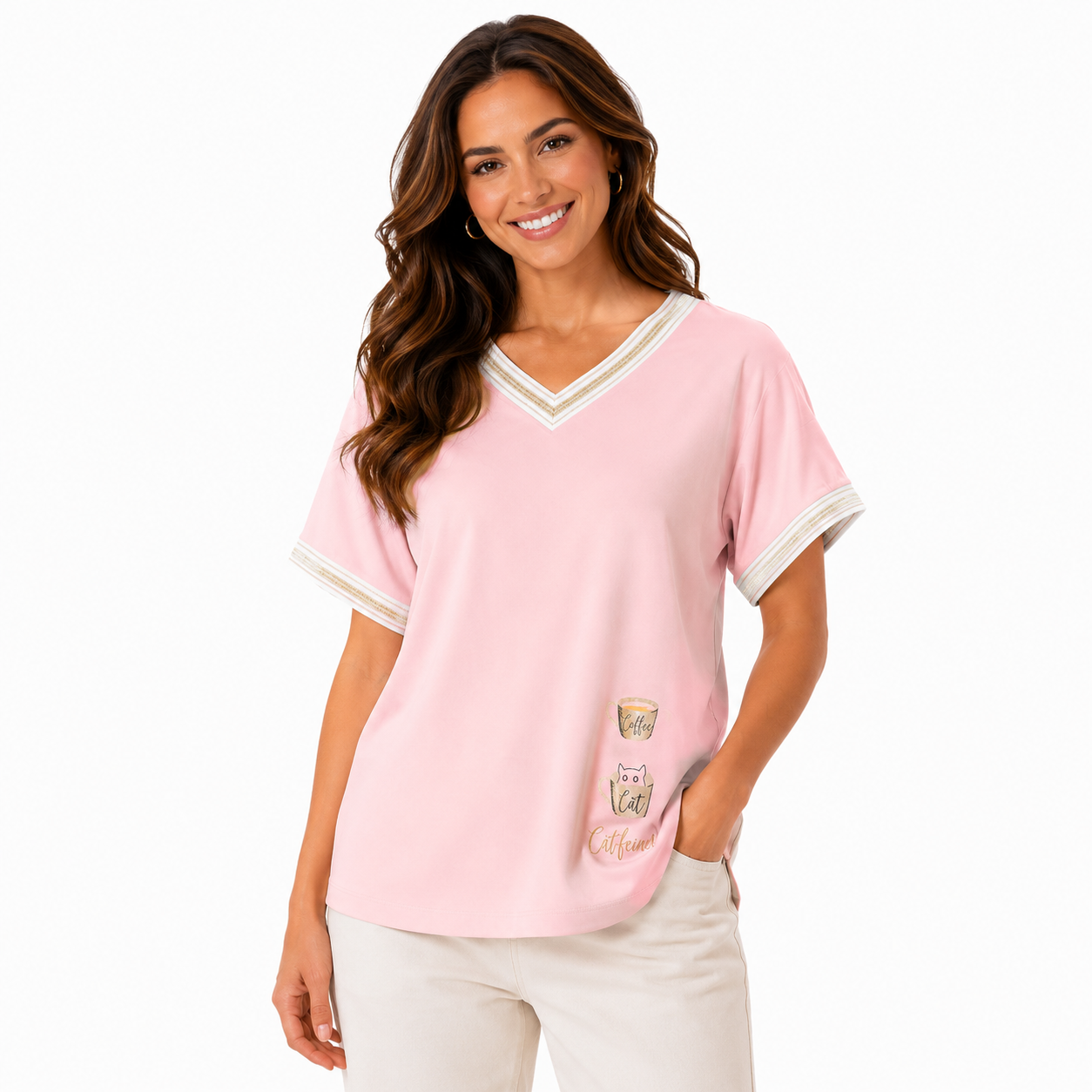 Women's  V-Neck Graphic T-Shirt – Coffee, Cat & Caffeine Print