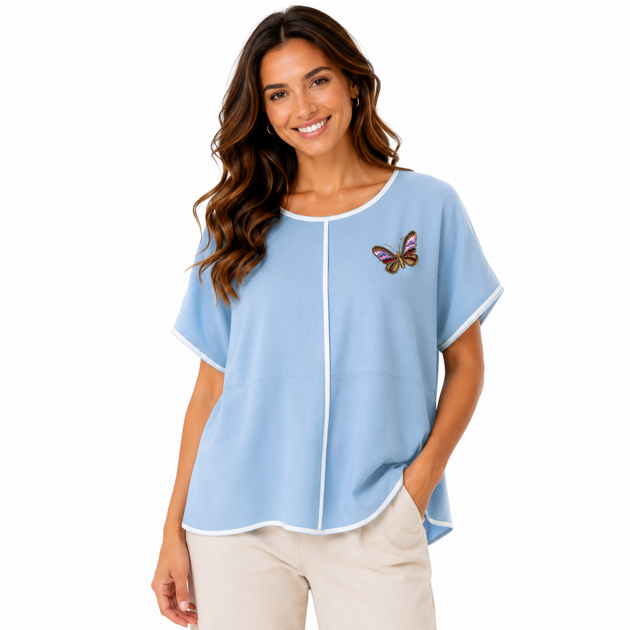 Women's Butterfly Embroidered Contrast Trim Blouse