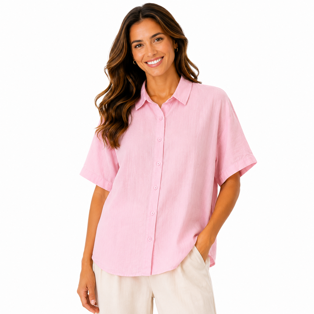 Women's Relaxed Fit Pink Button-Up Shirt