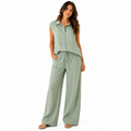 Women's Sage Green Linen Blend Two-Piece Lounge Set