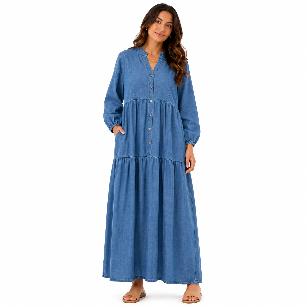 Women's Tiered Denim Maxi Shirt Dress